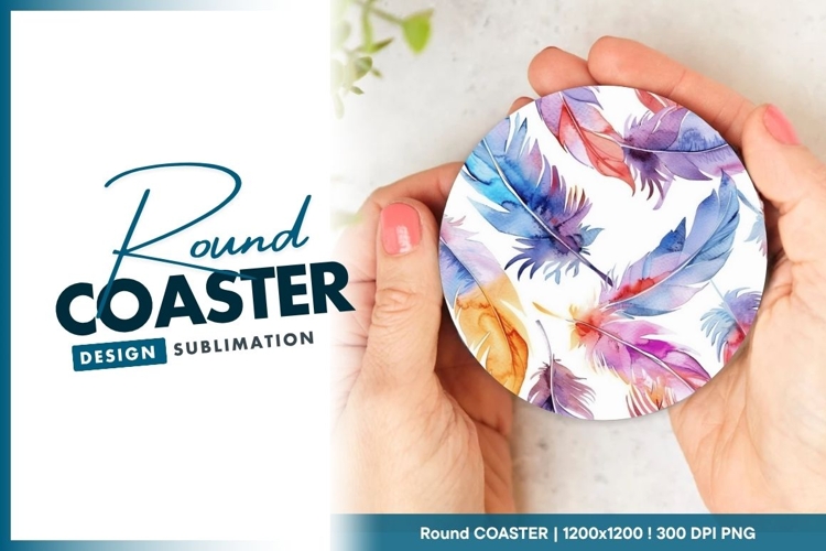 Watercolor Feathers in Purple Blue Round Coaster Design