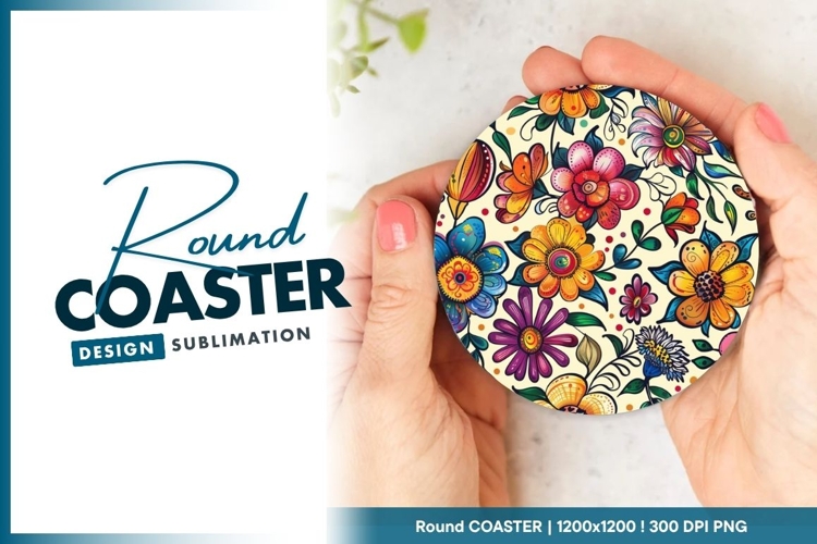 Colorful floral Round Coaster held by Round Coaster Design