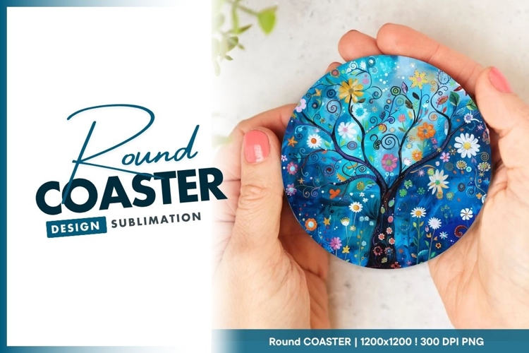 Tree and Flowers Held by Hands on Round Coaster Design