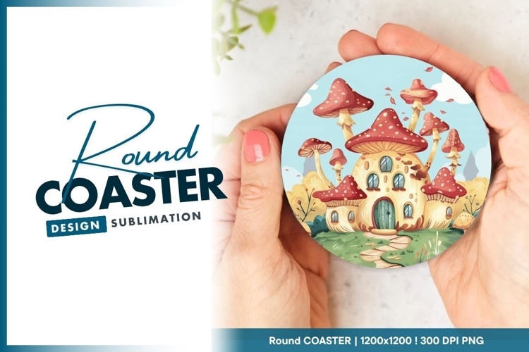 Mushroom House Illustration Held by Round Coaster Png