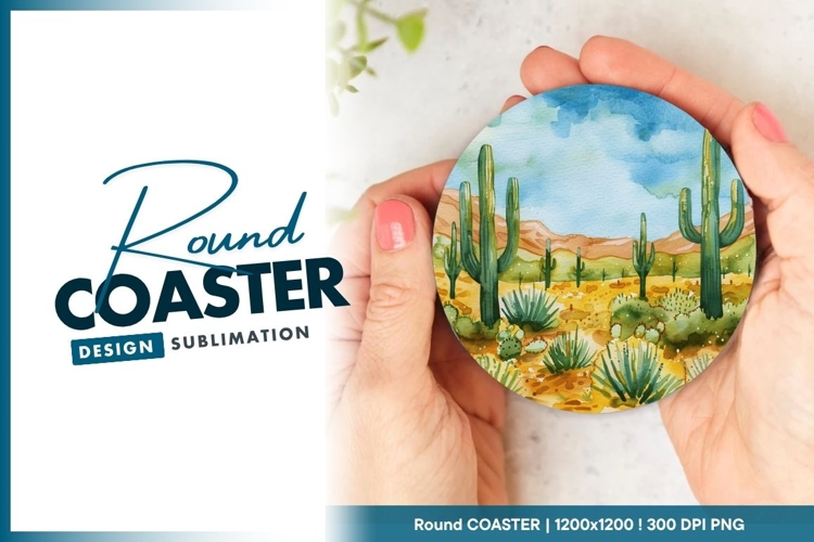 Watercolor Desert Scene Round Coaster Design