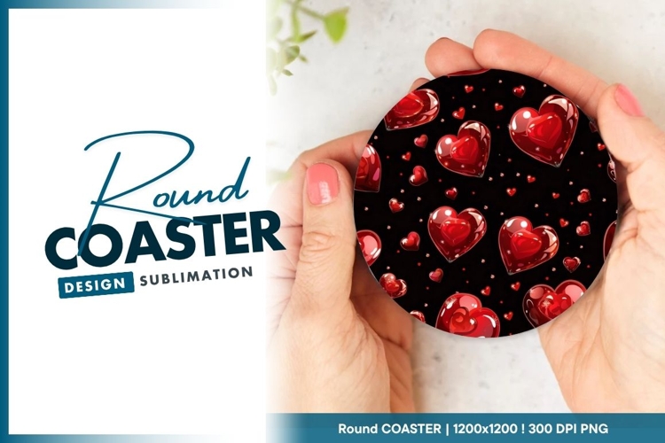 Red Hearts on Black Background Held by Round Coaster