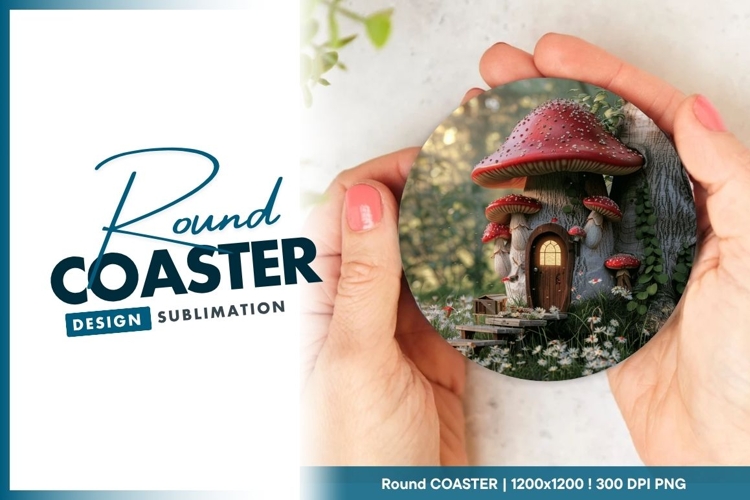 Mushroom House Illustration Held Round Coaster Design