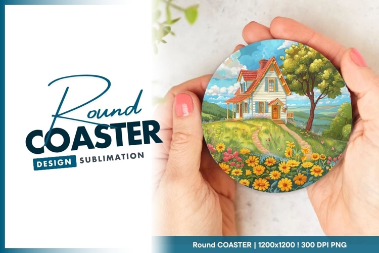 Watercolor House Landscape Held in Round Coaster Png