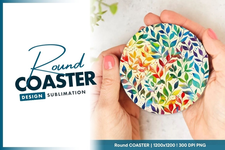 Woman Holding Round Coaster with Colorful Leaf Design