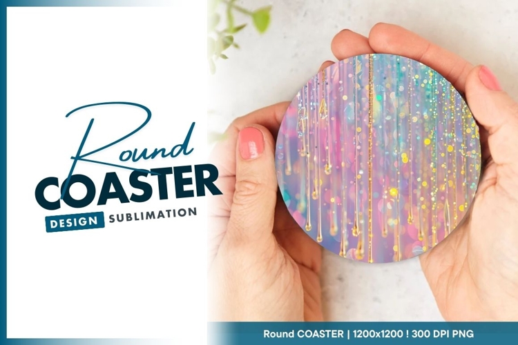 Iridescent glittering drops on soft pastel round coaster png