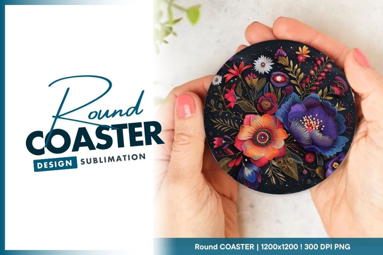 Embroidered floral arrangement on black round coaster png