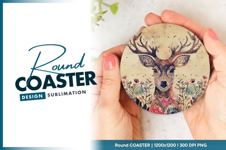 Ornate deer illustration on round coaster png