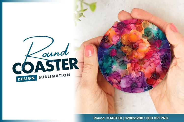 Vibrant floral round coaster png image