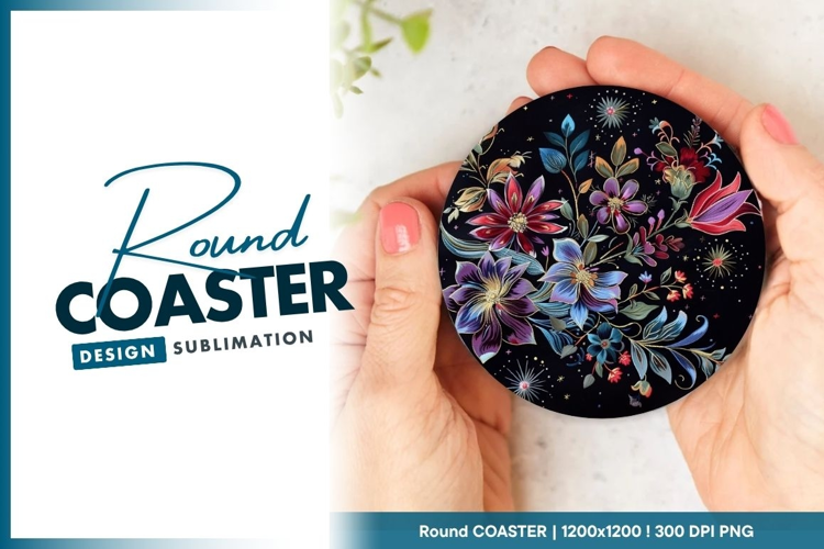 Colorful Floral Arrangement on Black Round Coaster Png