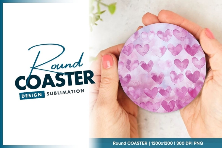 Watercolor Pink Heart Pattern on Round Coaster Png