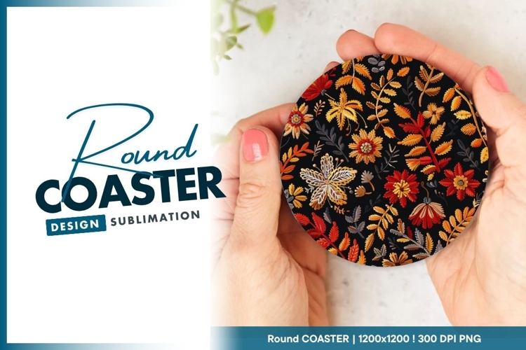 Embroidered Floral Pattern in Autumn Round Coaster Png