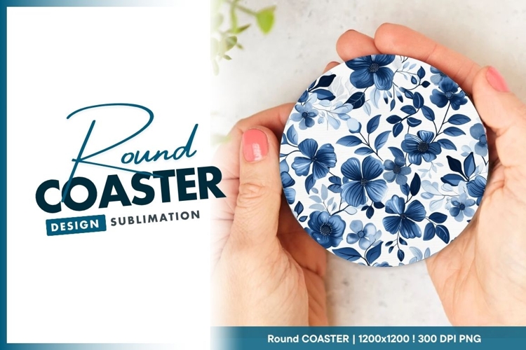 Blue Floral Pattern on Round Coaster Png