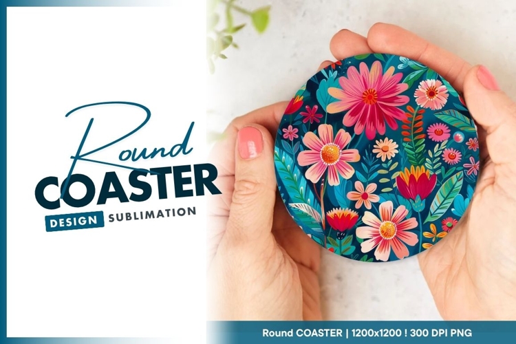 Colorful Floral Illustration on a Round Coaster Png