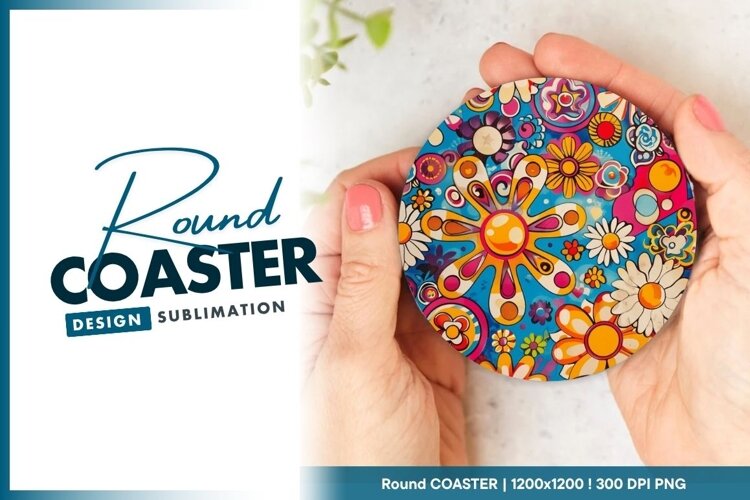 Psychedelic Floral Pattern in Vibrant Colors Round Coaster example image 1