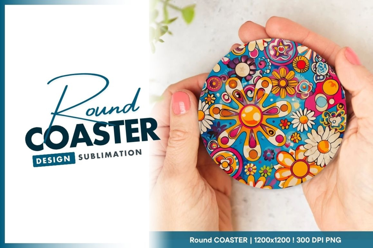Psychedelic Floral Pattern in Vibrant Colors Round Coaster