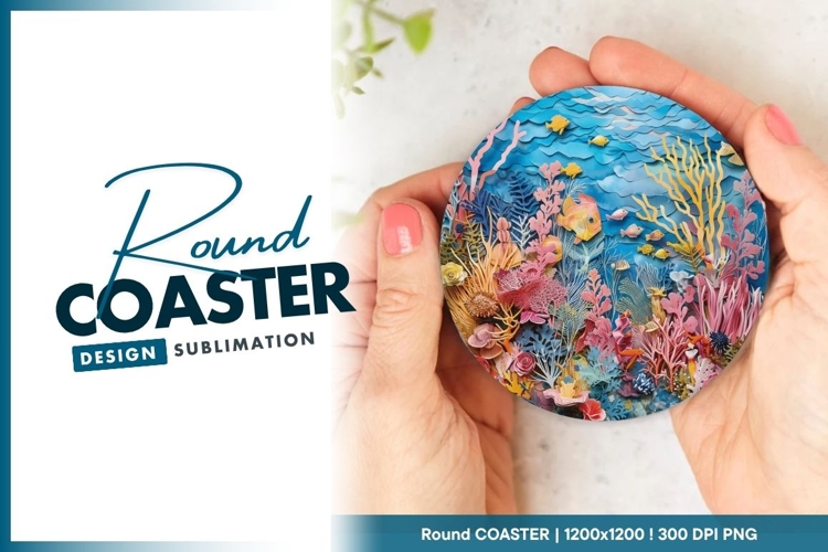 Paper Cutout Underwater Scene with Fish Round Coaster Png