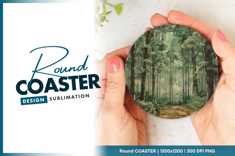Forest Scene Watercolor Painting in a Round Coaster Png