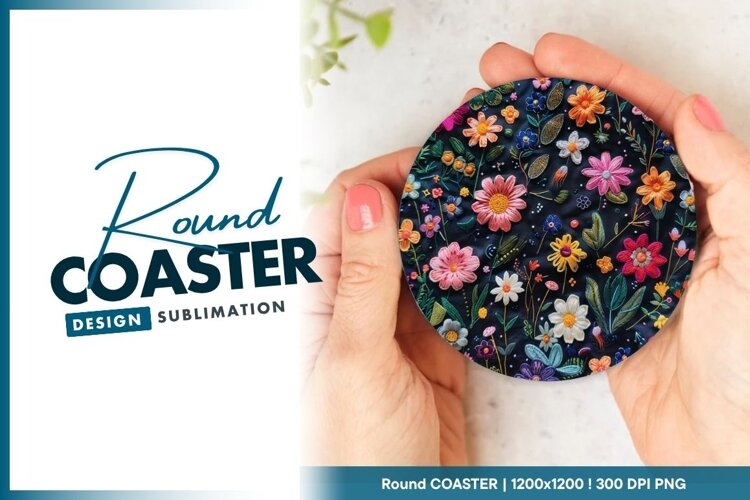 Embroidered Floral Design on Dark Blue Round Coaster Png example image 1