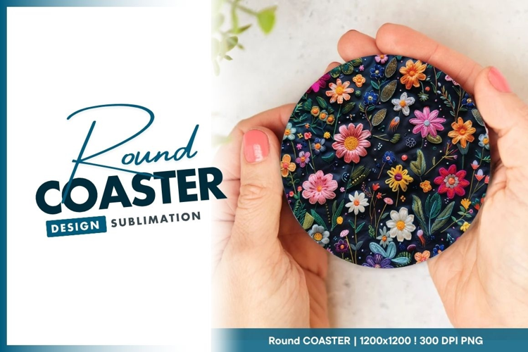 Embroidered Floral Design on Dark Blue Round Coaster Png