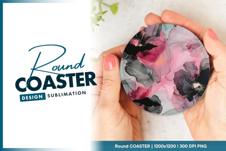 Abstract Floral Composition in Pink Gray and Round Coaster