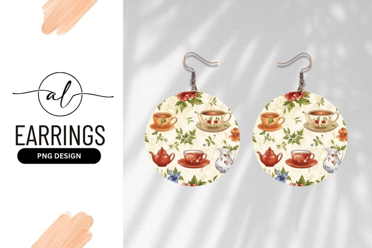 Vintage tea set round earring png design