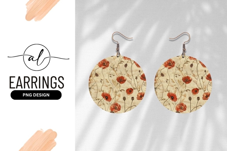 Round earring png design with poppy flowers