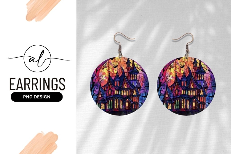 Stained glass gothic castle round earring design