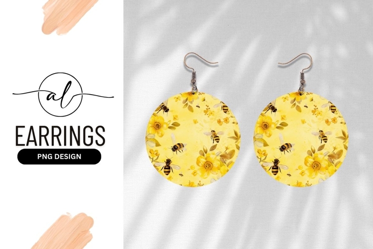 Round earring design with bees and flowers