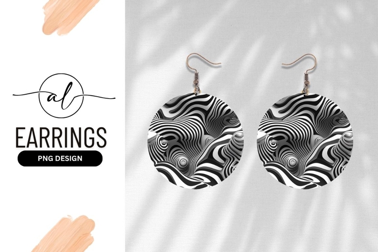 Abstract Black And White Striped Round Earring Png