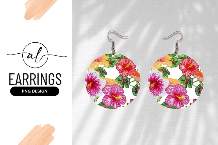 Embroidered Hibiscus Flowers and Green Leaves on White