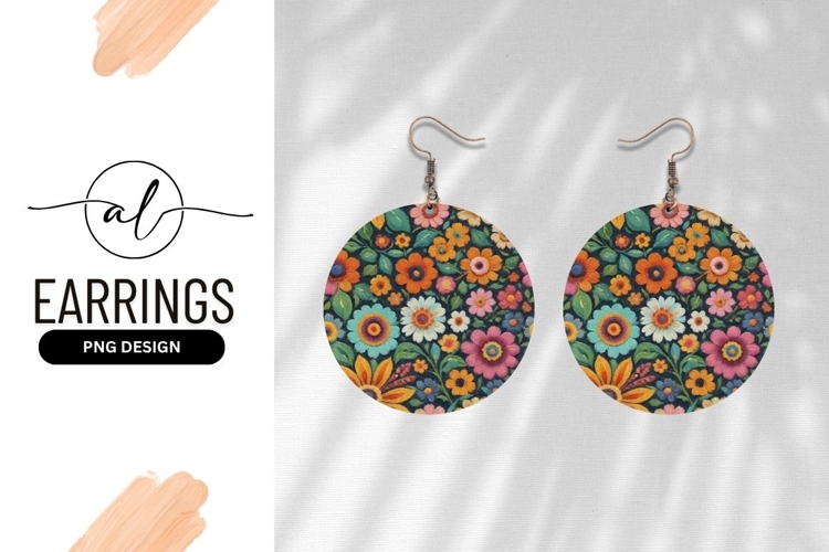 Round Earring Png Colorful Floral Oil Painting