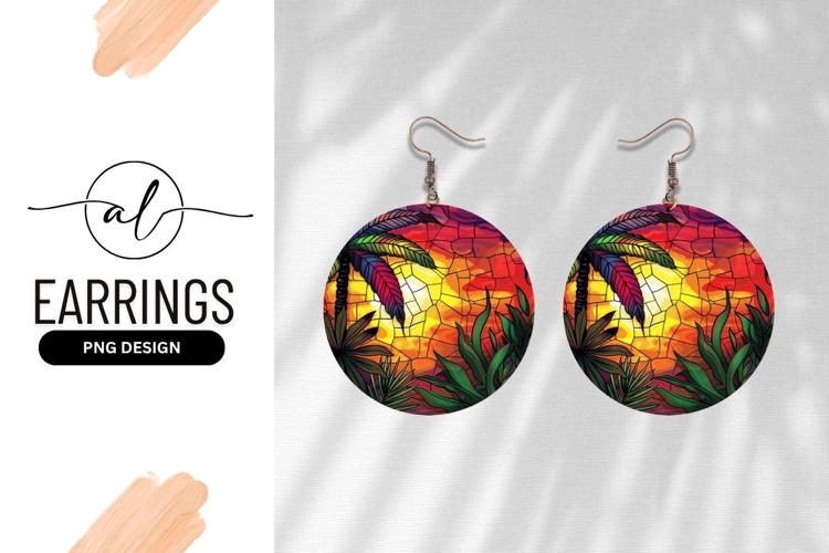 Stained Glass Tropical Sunset Round Earring Png
