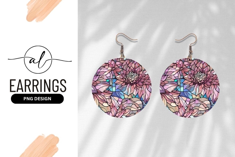Pink Dahlia Stained Glass Style Round Earring Png example image 1