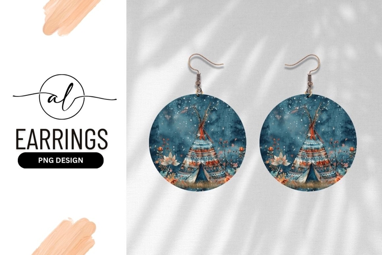 Watercolor Teepee With Flowers Round Earring Png