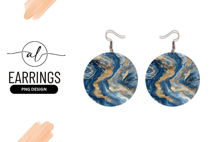 Blue And Gold Marbled Abstract Round Earring