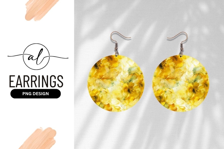 Yellow Floral Abstract Alcohol Ink Round Earring Png