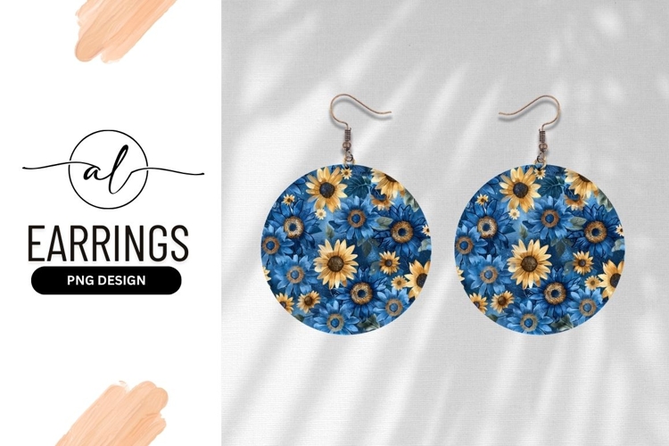 Blue And Gold Sunflower Floral Round Earring Png