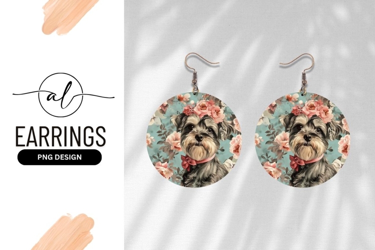 Schnauzer Dog With Flowers Round Earring Png