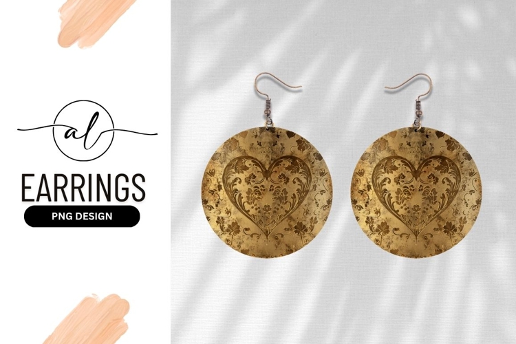 Ornate Gold Heart On Round Earring Png
