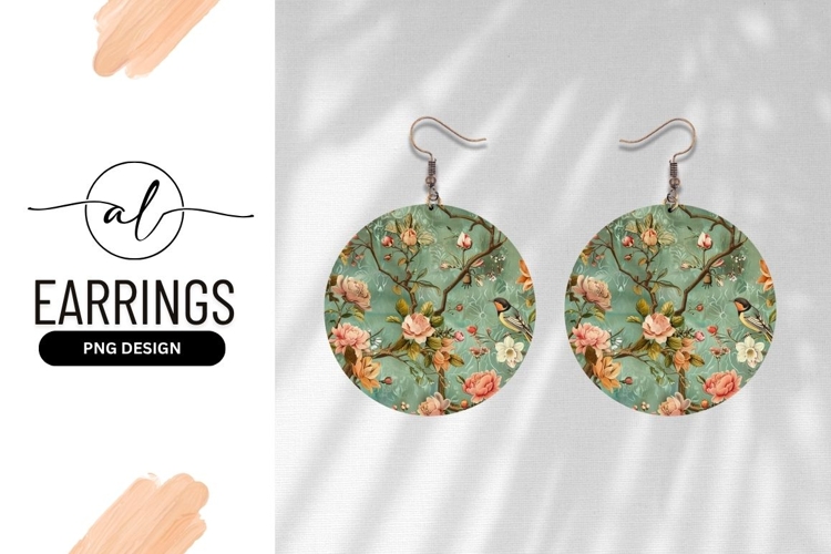 Floral Bird Pattern Round Earring Png