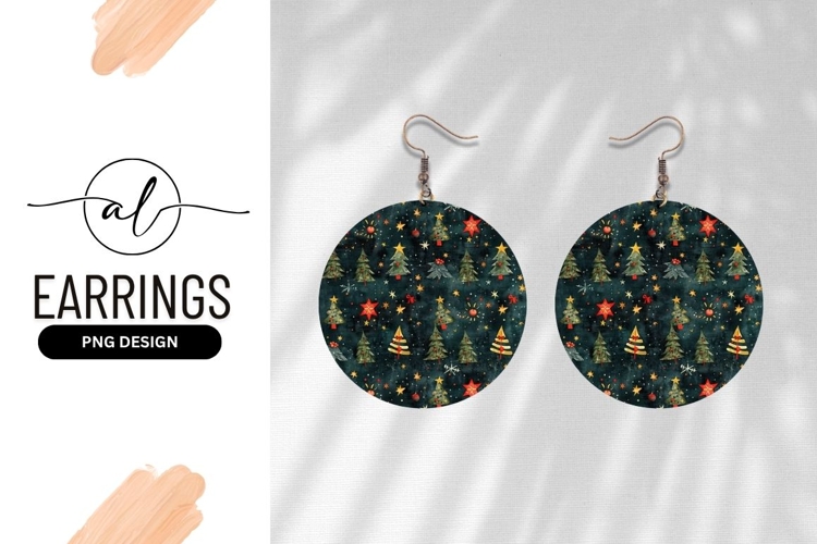 Watercolor Christmas Trees Stars Ornaments on Dark Teal