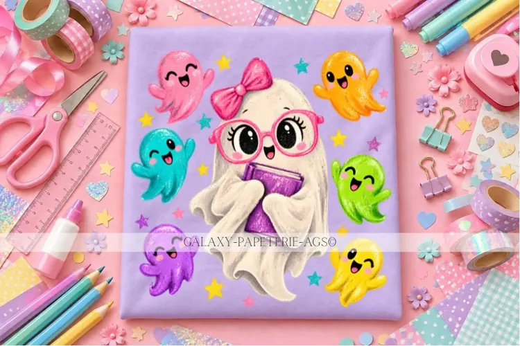 Reading Ghost PNG with Pink Glasses and Rainbow Ghosts