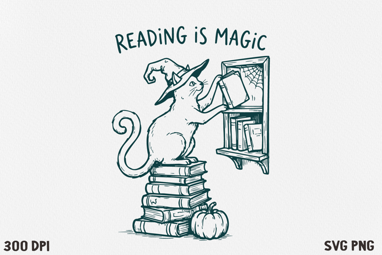 Bookish Halloween Cat SVG PNG | Witchy Reading Cat Design