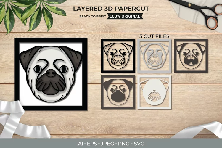 Pug's Head, Dog 3D Shadow Box Layered Papercut