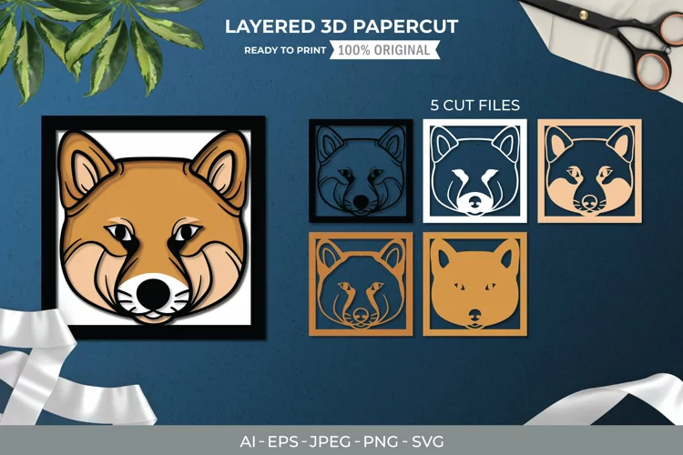 Shiba Inu's Head, Dog 3D Shadow Box Layered Papercut