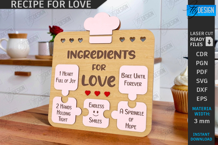 Valentine’s Day Board Laser Cut|Recipe for Love SVG|Kitchen