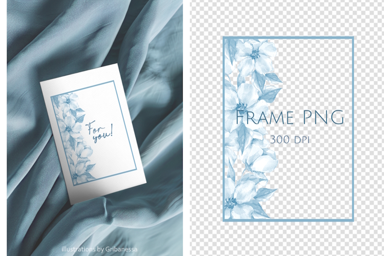 Rectangle Blue Watercolor Floral Frame PNG