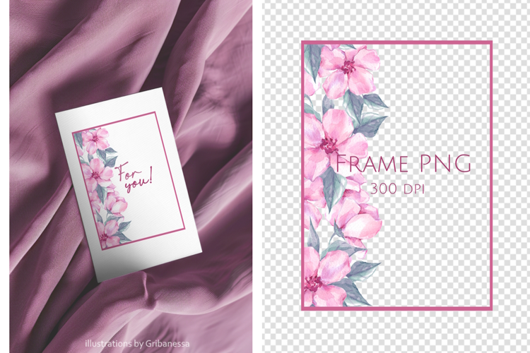 Rectangular Pink Floral Watercolor Frame PNG