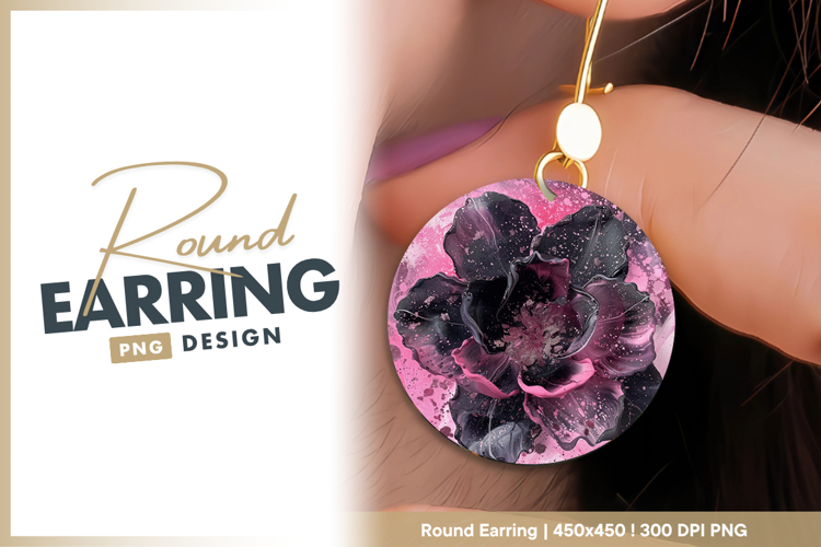 Black and pink abstract flower painting round earring png